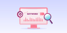 SEO keyword research, selection and competitor analysis conceptual 3d style web banner template.