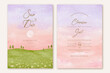 Set of wedding invitation with watercolor purple pink pastel sky landscape