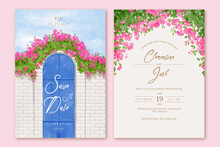 Set Of Wedding Invitation With Hand Drawn Watercolor Spring Pink Bougainvillea Flower Santorini Background