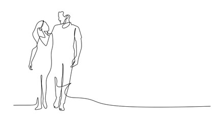 Wall Mural - one line drawing of couple walking leisure romantic scene view vector illustration. Continuous line drawing style
