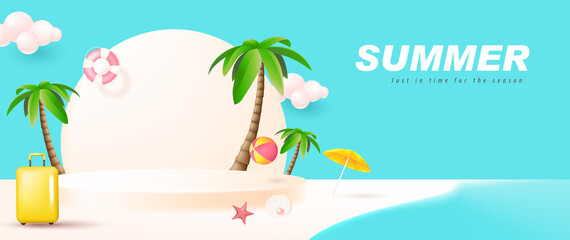 Wall Mural - summerposter banner template for promotion with product display cylindrical shape and beach backgrou