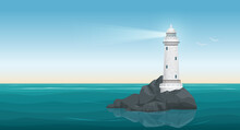 Lighthouse In Sea Landscape, Harbor At Dawn Or Sunset Vector Illustration. Seaside Beacon With Navigation Searchlight On Rocky Island With Cliffs, Coastline Scene With Blue Sky And Waves Background