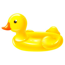 Inflatable Rubber Swimming Ring In Yellow Duck Shape. Cute And Funny Toy For Kids Leisure At The Pool, Sea, On The Beach. Realistic Vector Illustration