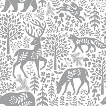 Seamless Vector Pattern With Cute Woodland Animals, Trees And Leaves. Scandinavian Woodland Illustration. Perfect For Textile, Wallpaper Or Print Design.