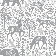 Seamless vector pattern with cute woodland animals, trees and leaves. Scandinavian woodland illustration. Perfect for textile, wallpaper or print design.