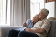Laughing older grey-haired couple in love hugging daydreaming look out window relax on cozy sofa enjoy pleasant talk spend free time at modern home. Happy marriage, harmony, romantic relations concept