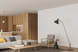 Fototapeta Tęcza - Stylish wooden studio interior with relax area and kitchen appliances