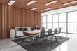 © ImageFlow - Modern office room interior with chairs and table, panoramic window. Empty wall