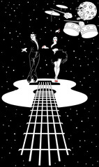 
A beautiful, graceful man and woman perform a flamenco dance. A metaphor. Guitar. Space. Moon. The drummer.