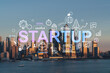 New York City skyline from New Jersey over Hudson River, Hudson Yards skyscrapers at sunset. Manhattan, Midtown. Startup company, launch project to seek and develop scalable business model, hologram