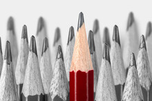 Standing Out From Crowd. Different Pencil Standout From Others Showing Concept Of Unique Business Thinking Different From The Crowd And Special One With Leadership Skill.