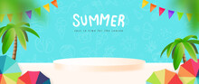 Summer Poster Banner Template For Promotion With Product Display Cylindrical Shape And Beach Background