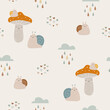Seamless pattern with hand drawn colourful mushrooms and snail. Autumn cute digital paper. Creative childish pattern. Vector illustration.