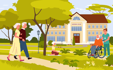 Elderly people nursing house. Taking care of seniors, old men activity and healthcare, spending outdoor leisure time, retirement residential accommodation vector illustration