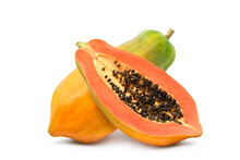 Ripe Papaya With Cut In Half Isolated On White Background. Clipping Path.