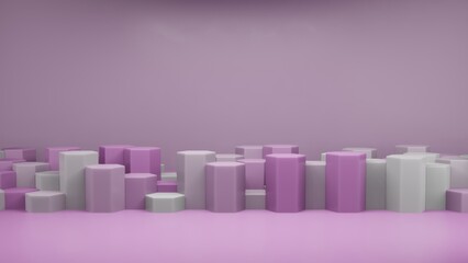 Poster - Pastel colors shapes on Pink pastel colors abstract background. Minimal hexagonal podium. Scene with geometrical forms. Empty showcase, cosmetic product presentation. Fashion magazine. 3d render..