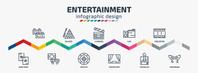 Entertainment Infographic Design Template With , Magic Cards, Billiards, Clapboard, Roulette, Club, Curtain Stage, Video Editing, Masquerade Icons. Can Be Used For Web, Info