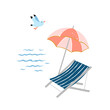 Beach deck chair and parasol. Cute seaside vector clipart. Summer vacation illustration