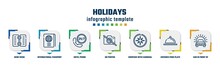 Holidays Concept Infographic Design Template. Included Wine Menu, International Passport, Hotel Phone, No Photos, Compass With Cardinal Points, Covered Food Plate, Car In Front Of The Sun Icons And