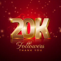 Thank you 20 thousand followers happy celebration banner 3d style red and gold background