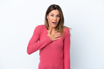 Wall Mural - Middle age caucasian woman isolated on white background surprised and shocked while looking right