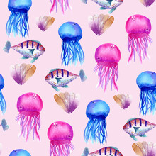 Watercolor Under The Sea Seamless Pattern, Perfect To Use On The Web Or In Print