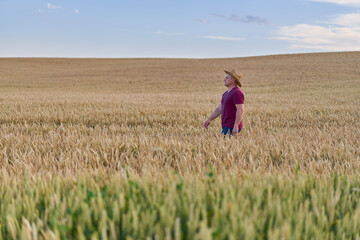 Wall Mural - Farmer walking through a wheat field