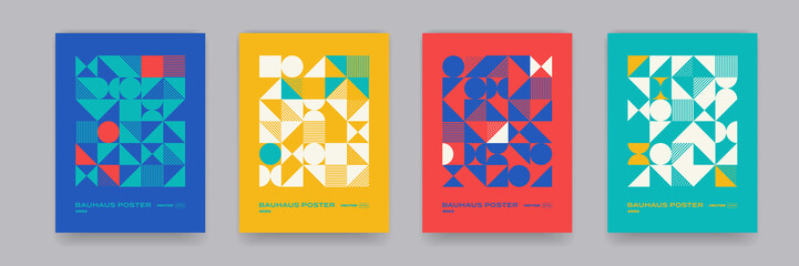 Poster - Abstract geometric pattern background, vector abstract circle, triangle and square lines art. Yellow, blue, red and green color, trendy geometric bauhaus pattern backgrounds set