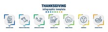 Thanksgiving Concept Infographic Design Template. Included Unknown User, Phone On Vibrational Mode, Auricular Of Phone, Writing Letter, Bubble Speech, Surprised, Mashed Potato Icons And 7 Option Or