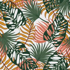  Fashionable seamless tropical pattern with bright plants and leaves on a gray background. Exotic jungle wallpaper. Beautiful print with hand drawn exotic plants.