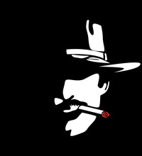 Chicago And Britain Gangster Mafia. Mysterious Silhouette Face Of A Man In A Hat Who Smokes A Cigar. Portrait For Poster Idea. Italian Mafia.