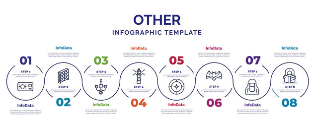 infographic template with icons and 8 options or steps. infographic for other concept. included idea business card, chandeliers, smeaton's tower, roulette table, branch bat, arab woman with hijab,