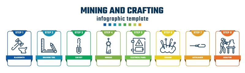 Wall Mural - mining and crafting concept infographic design template. included blacksmith, drawing tool, car key, norigae, electrical panel, cushion, autoloader, sculptor icons and 8 options or steps.