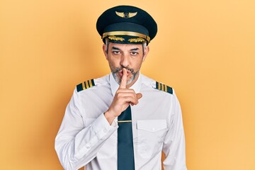 Poster - Handsome middle age man with grey hair wearing airplane pilot uniform asking to be quiet with finger on lips. silence and secret concept.