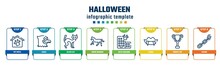Halloween Concept Infographic Design Template. Included Pet Hotel, Eagle, Black Cat, Horse Running, Hotel Building, Fangs, Trophy Cup, Chains Icons And 8 Options Or Steps.
