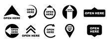 Open Here Icons Vector Set. Open Here Stickers Or Labels For Package Design. Special Tag On Box. 