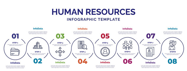 infographic template with icons and 8 options or steps. infographic for human resources concept. included files, meeting point, onboarding, profiles, teamwork, cv, appearance icons.