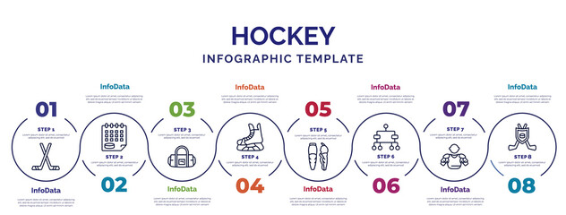 Wall Mural - infographic template with icons and 8 options or steps. infographic for hockey concept. included hockey stick, bag, ice skate, shin, playoff, bowman, emblem icons.