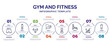 infographic template with icons and 8 options or steps. infographic for gym and fitness concept. included fitness shorts, bodybuilder, lifting dumbbells, female sportwear, barbell bench press,