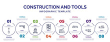 Infographic Template With Icons And 8 Options Or Steps. Infographic For Construction And Tools Concept. Included Spade, Mechanic Working, Scaffolding, Staple Gun, Metal Saw, Sanding Hine, Planer