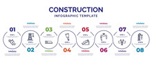 Infographic Template With Icons And 8 Options Or Steps. Infographic For Construction Concept. Included Angle Grinder, Hacksaw, Scraper, Inclined, Stopcock, , Derrick Facing Right Icons.