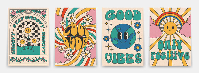 Groovy posters 70s. Retro poster with psychedelic characters, sun rays and rainbow, flowers, vintage prints, isolated