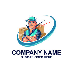 Delivery logo template. Courier vector illustration. Flat logistic cartoon logo design. People bring packages logo for shipping service companies