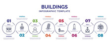Infographic Template With Icons And 8 Options Or Steps. Infographic For Buildings Concept. Included Prison, Fuji Mountain, Pisa Tower, Charles Bridge, Trade Center, Moot Hall, Gurdwara Icons.