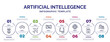 infographic template with icons and 8 options or steps. infographic for artificial intellegence concept. included robots, aeroplane, immersive, ar monocle, chip, binary, shopping bag icons.