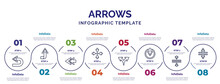 Infographic Template With Icons And 8 Options Or Steps. Infographic For Arrows Concept. Included Return, Rewind, Focus, Split Arrows, Exit Down, Vertical Merge, Split Vertical Icons.