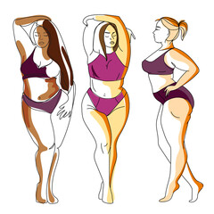 Three plump, curvy women, girls with different skin colors, plus size models in swimming suits, Minimal art vector illustration .Body-positive girls.Beautiful plump,overweight women abstract line art 