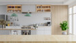 Wooden table top on blur kitchen room background,Modern kitchen room interior.