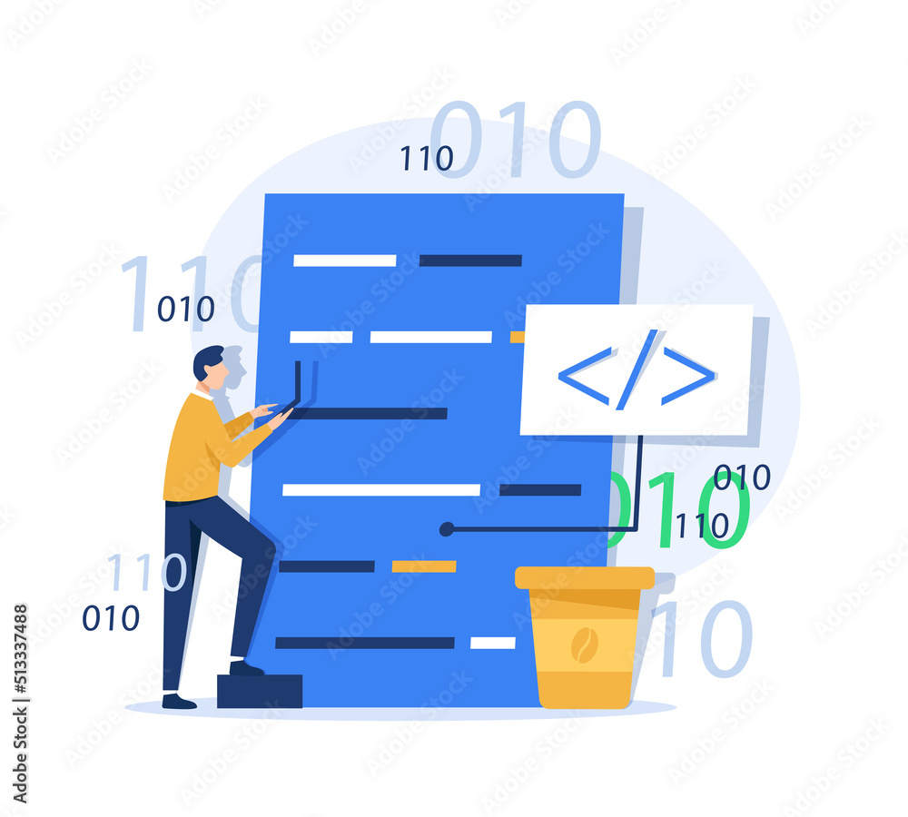 People characters working together and developing new software ...