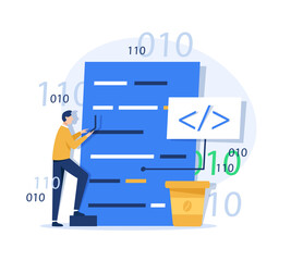 Wall Mural - people characters working together and developing new software. developers team programming and writ